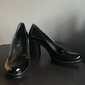 Elche Black Patent Leather Slip On Chunk Heel with Soft Rounded Toe